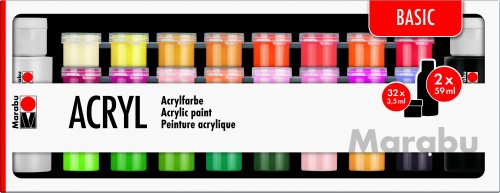 Marabu Acrylfarben 34er-Sortierung BASIC, 32 x 3,5 ml & 2 x 59 ml