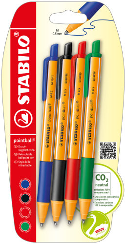 Druck-Kugelschreiber - STABILO pointball - 4er Pack - blau, schwarz, rot, grün