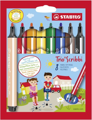 Gefederter Dreikant-Filzstift - STABILO Trio Scribbi - 8er Pack - mit 8 verschiedenen Farben